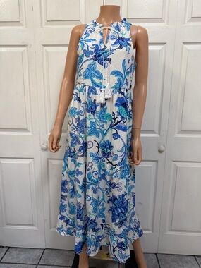 Sleeveless Blue and White Floral Tiered Maxi Dress Size Small NWT